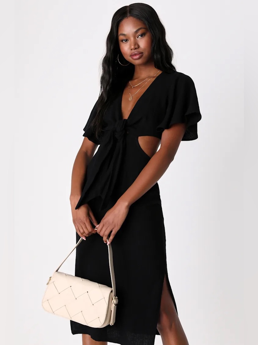 Lulus Summer Journey Black Tie-Front Cutout Midi Dress Size S NWT